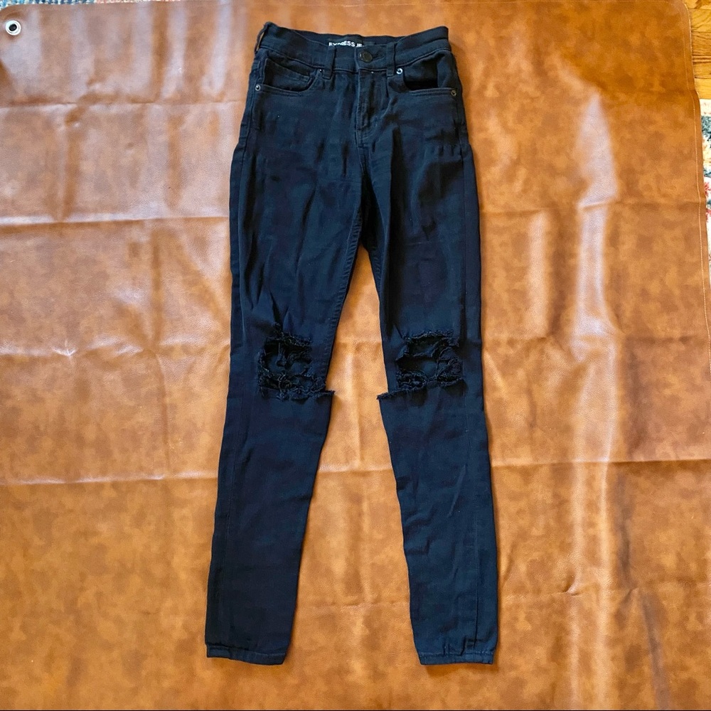 Express High Rise Distressed Skinny Jeans | Black | 00
